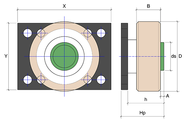 Dimension drawing for Vulkollan bearings